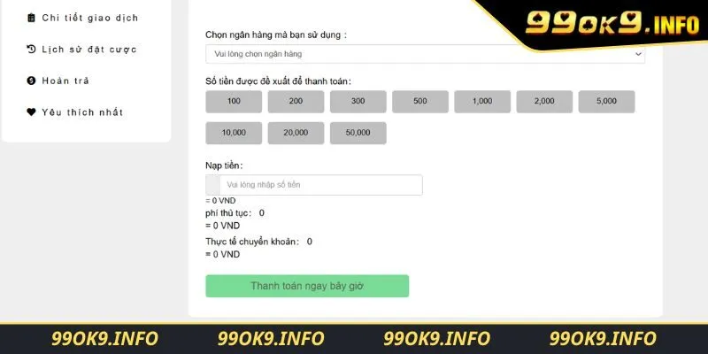Nhập số tiền và thông tin giao dịch